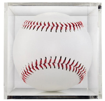 A white baseball with red stitching is showcased in the Diamond Sport Gear BallQube Plastic Display Case.