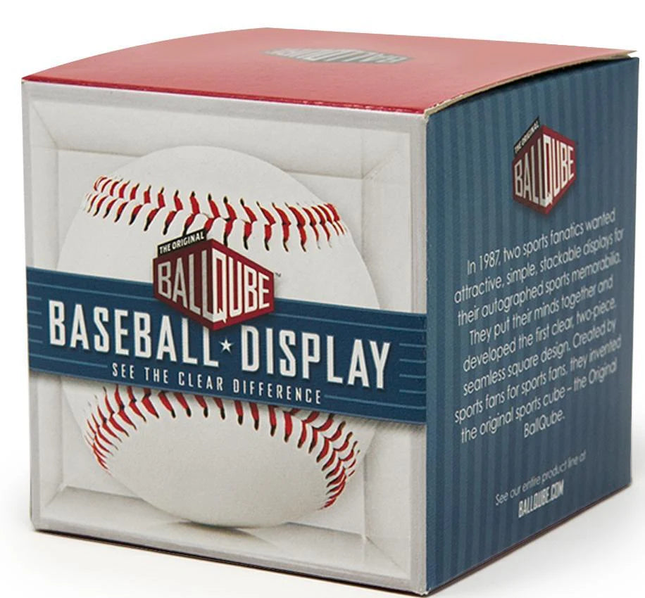 A blue and red box labeled Diamond Sport Gear BallQube Plastic Display Case features a large baseball graphic and describes the product as a plastic display case for autographed baseballs.