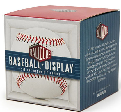 A blue and red box labeled Diamond Sport Gear BallQube Plastic Display Case features a large baseball graphic and describes the product as a plastic display case for autographed baseballs.