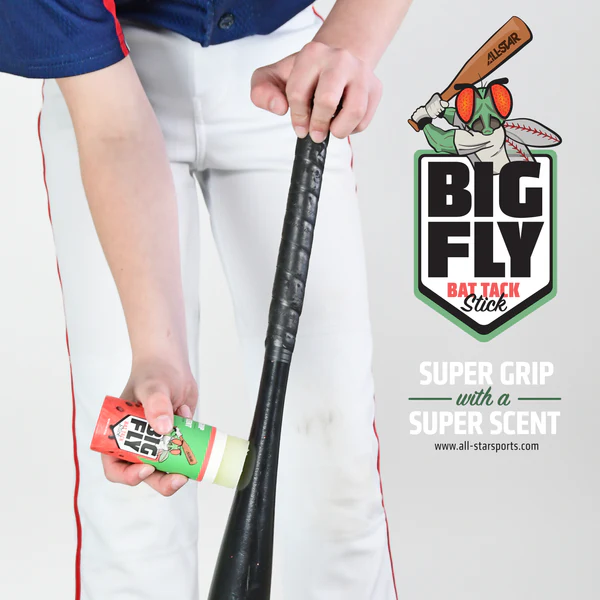 A baseball player uses All Star Big Fly Bat Tack Stick: BFST1 for a superior grip on a black bat. The All Star cartoon fly mascot and logo appear, with text: “SUPER GRIP with a SUPER SCENT” and www.all-starsports.com.