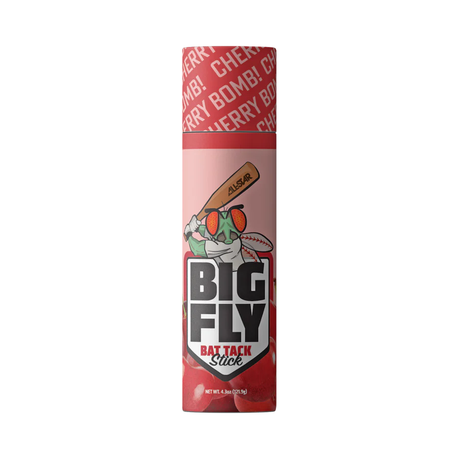A tall canister labeled All Star Big Fly Bat Tack Stick: BFST1 features cherry graphics and a cartoon fly with a bat, sunglasses, and headband. Bold red “CHERRY BOMB!” text highlights this All Star bat grip solution.