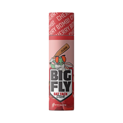 A tall canister labeled All Star Big Fly Bat Tack Stick: BFST1 features cherry graphics and a cartoon fly with a bat, sunglasses, and headband. Bold red “CHERRY BOMB!” text highlights this All Star bat grip solution.
