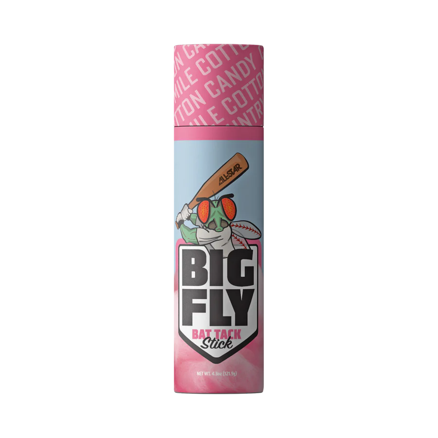 A can of All Star Big Fly Bat Tack Stick: BFST1 in cotton candy flavor, with fun pink and blue packaging featuring a cartoon baseball swinging a bat for ultimate grip.