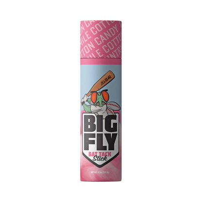 A can of All Star Big Fly Bat Tack Stick: BFST1 in cotton candy flavor, with fun pink and blue packaging featuring a cartoon baseball swinging a bat for ultimate grip.