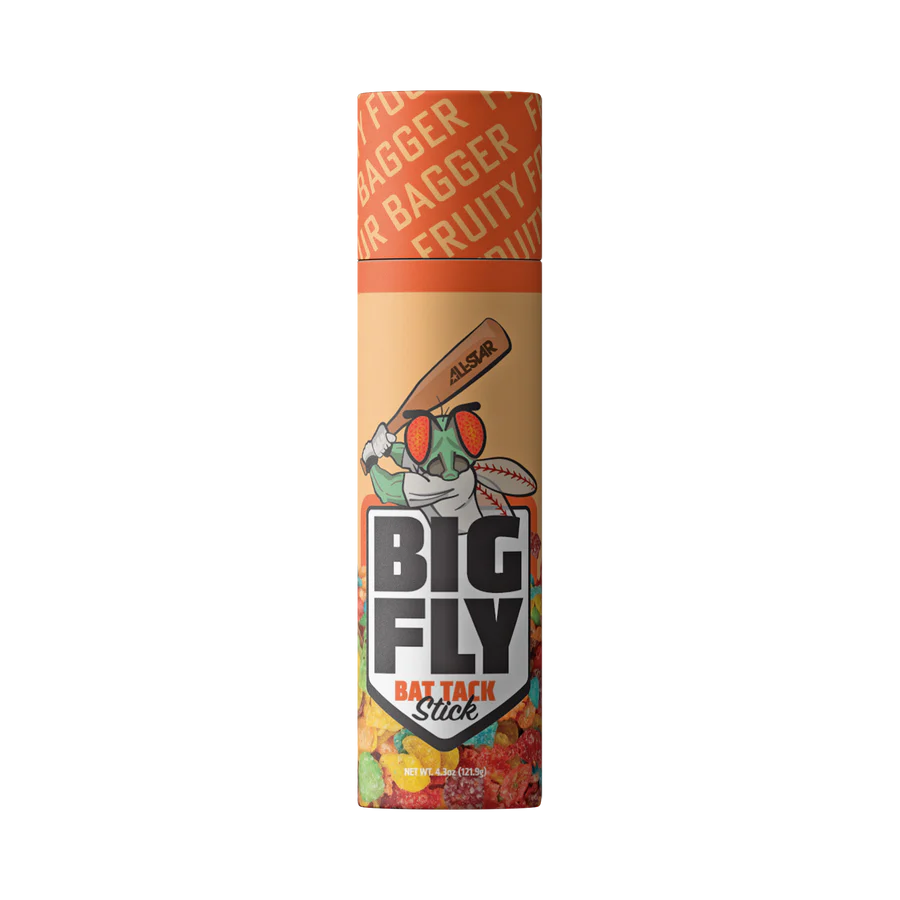 The All Star Big Fly Bat Tack Stick (BFST1) features orange packaging with a cartoon fly holding a bat and highlights “All-Star” bat grip power, with “BAGGER” and “FRUITY” repeated in the background.