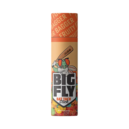 The All Star Big Fly Bat Tack Stick (BFST1) features orange packaging with a cartoon fly holding a bat and highlights “All-Star” bat grip power, with “BAGGER” and “FRUITY” repeated in the background.