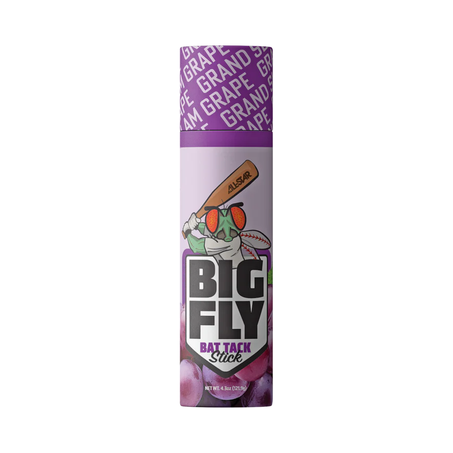 The All Star Big Fly Bat Tack Stick (BFST1) comes in a purple and white container, ideal for storing your bat grip or Bat Tack essentials.