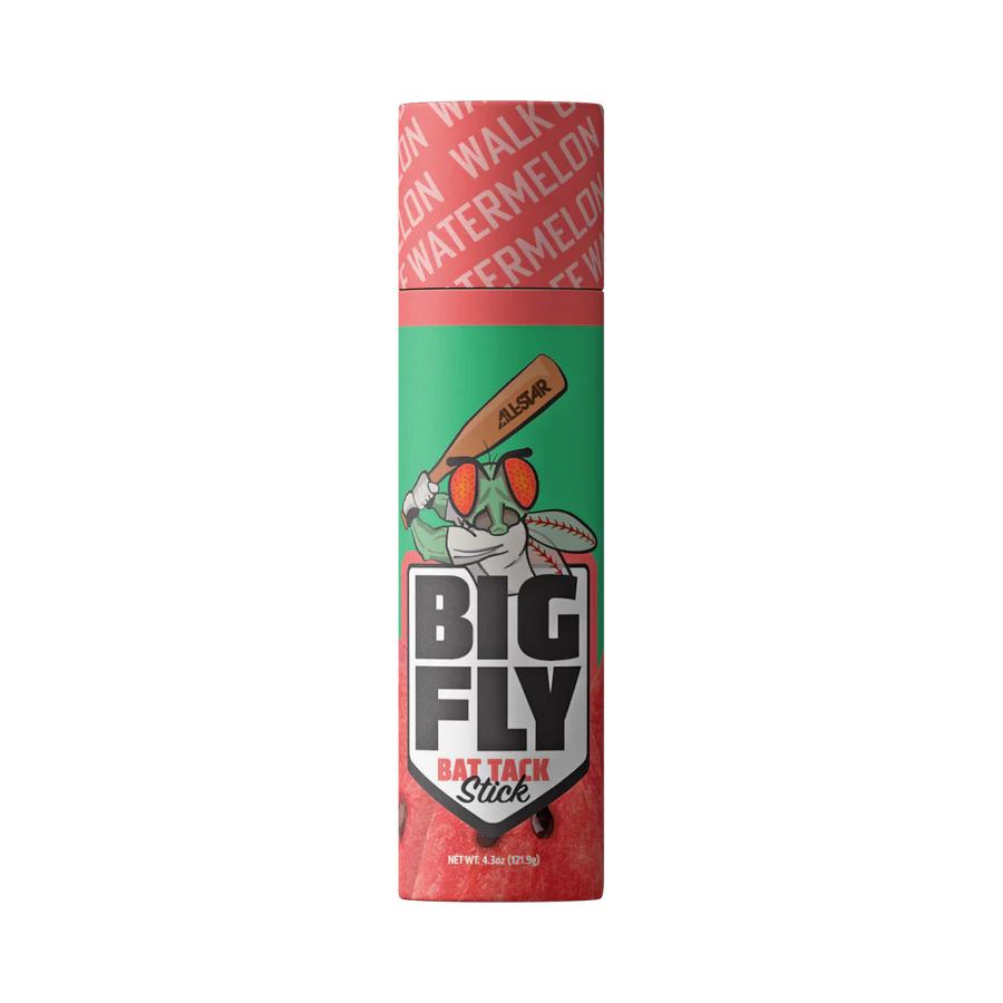 The All Star Big Fly Bat Tack Stick: BFST1 in watermelon flavor features a cartoon fly with a bat on a green and red label. Ideal for players seeking superior bat grip.