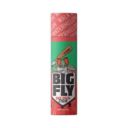 The All Star Big Fly Bat Tack Stick: BFST1 in watermelon flavor features a cartoon fly with a bat on a green and red label. Ideal for players seeking superior bat grip.