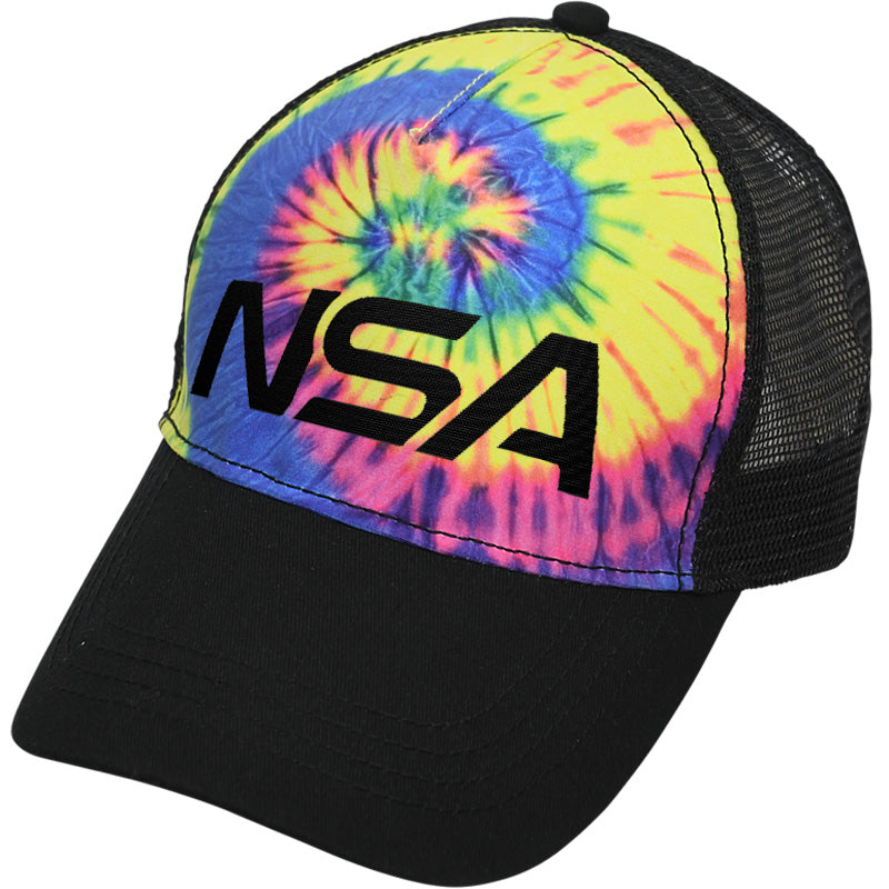 The Pacific Headwear NSA Classic Series Tie Dye Snapback Hat (TD9200) features a black bill, mesh back, and a vibrant tie-dye front panel with the bold NSA logo, showing true National Softball Association style.