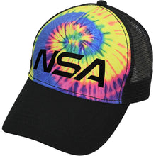 The Pacific Headwear NSA Classic Series Tie Dye Snapback Hat (TD9200) features a black bill, mesh back, and a vibrant tie-dye front panel with the bold NSA logo, showing true National Softball Association style.