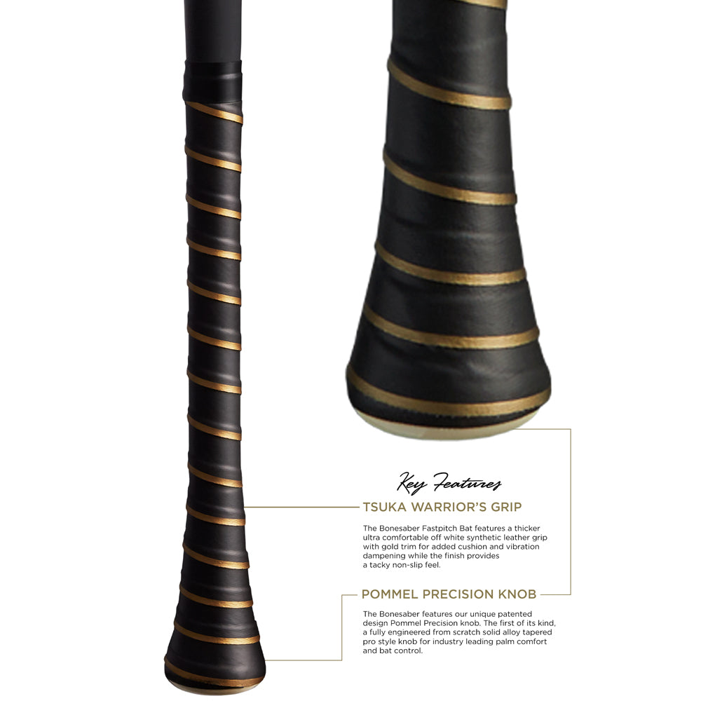 Close-up of a black Warstic 2025 Bonesaber (-11) USA Metal Bat handle with gold spiral grip and detail. Inset zoom shows grip texture. Text highlights Tsuka Warrior’s Grip, Pommel Precision Knob, and ultra light swing speed for control.