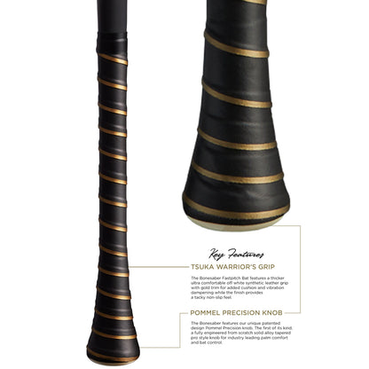 Close-up of a black Warstic 2025 Bonesaber (-11) USA Metal Bat handle with gold spiral grip and detail. Inset zoom shows grip texture. Text highlights Tsuka Warrior’s Grip, Pommel Precision Knob, and ultra light swing speed for control.