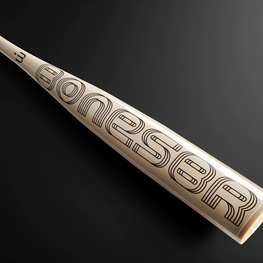 A close-up of a beige baseball bat with the word BonesBR in bold, stylized letters on a dark background.