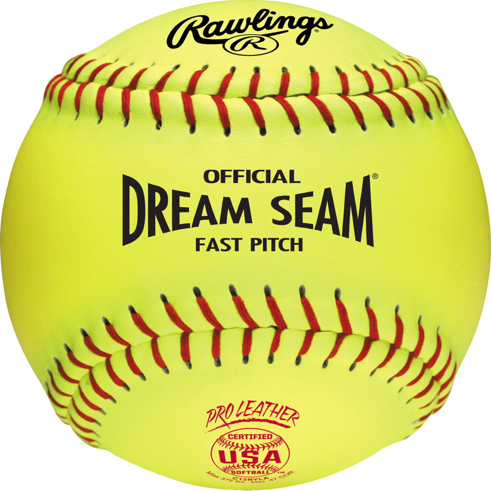 Yellow 12-inch Rawlings USA Dream Seam 12″ 47/375 Leather Fastpitch Softballs: C12RYLA with red stitching and black text reading Dream Seam and Official Fast Pitch.