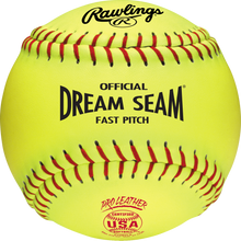 Yellow 12-inch Rawlings USA Dream Seam 12″ 47/375 Leather Fastpitch Softballs: C12RYLA with red stitching and black text reading Dream Seam and Official Fast Pitch.