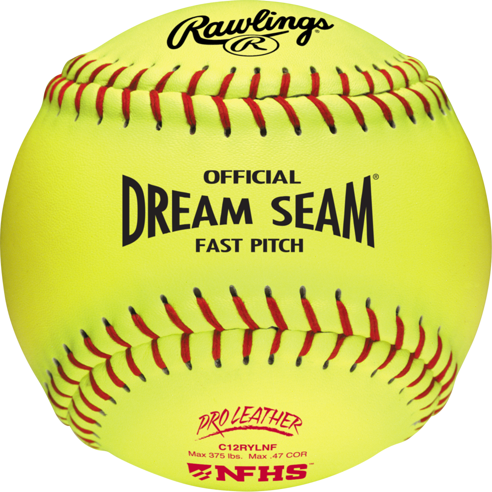 The Rawlings NFHS Dream Seam 12" 47/375 Leather Fastpitch Softballs (C12RYLNF) feature bright yellow leather, red stitching, and official black text—perfect for play with certified 12" softballs. Brand: Rawlings.