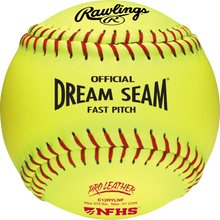 The Rawlings NFHS Dream Seam 12" 47/375 Leather Fastpitch Softballs (C12RYLNF) feature bright yellow leather, red stitching, and official black text—perfect for play with certified 12" softballs. Brand: Rawlings.