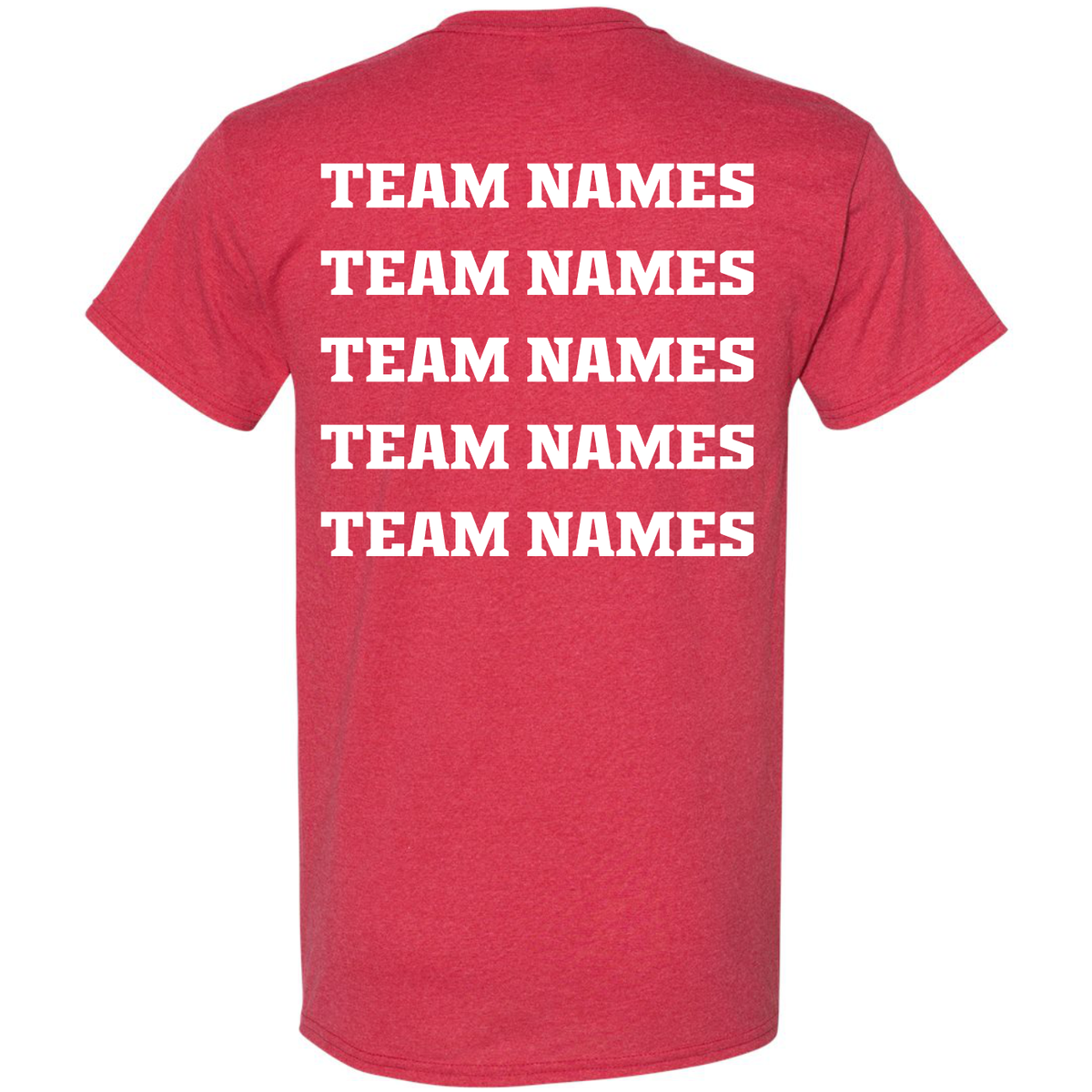 Red, short-sleeved 2027 NSA Can-Am Games Fastpitch Tournament Shirt by DSG Apparel with team names printed in five rows of white block letters on the back.