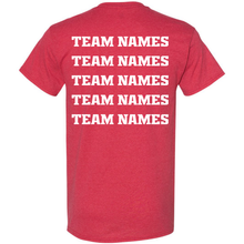 Red, short-sleeved 2027 NSA Can-Am Games Fastpitch Tournament Shirt by DSG Apparel with team names printed in five rows of white block letters on the back.
