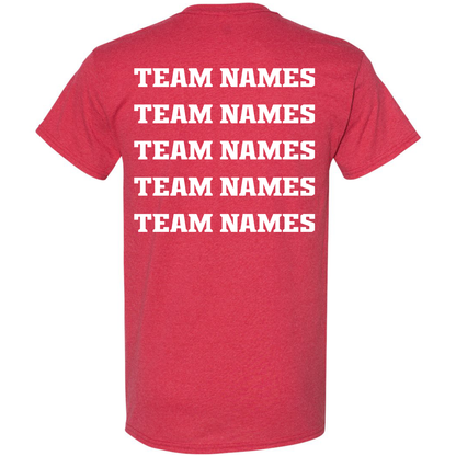 Red, short-sleeved 2027 NSA Can-Am Games Fastpitch Tournament Shirt by DSG Apparel with team names printed in five rows of white block letters on the back.