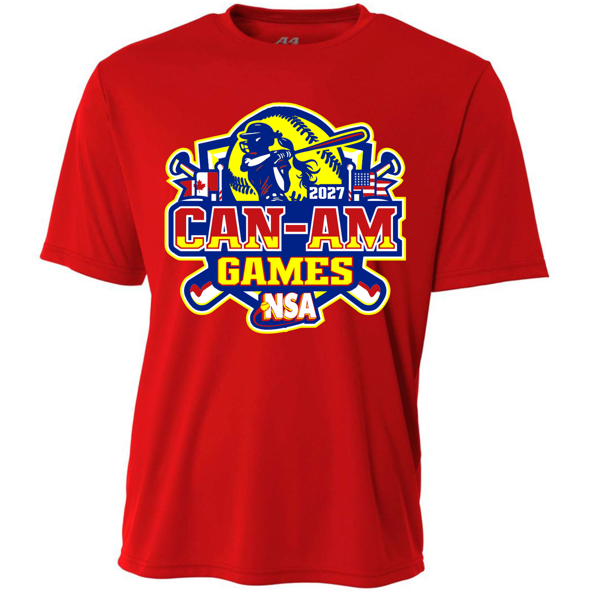 Red short-sleeved 2027 NSA Can-Am Games Fastpitch Tournament Shirt featuring a softball player swinging a bat above the text 2027 CAN-AM GAMES NSA, accented by Canadian and American flag icons.