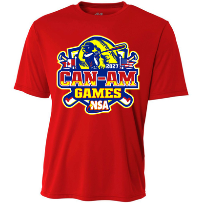 Red short-sleeved 2027 NSA Can-Am Games Fastpitch Tournament Shirt featuring a softball player swinging a bat above the text 2027 CAN-AM GAMES NSA, accented by Canadian and American flag icons.