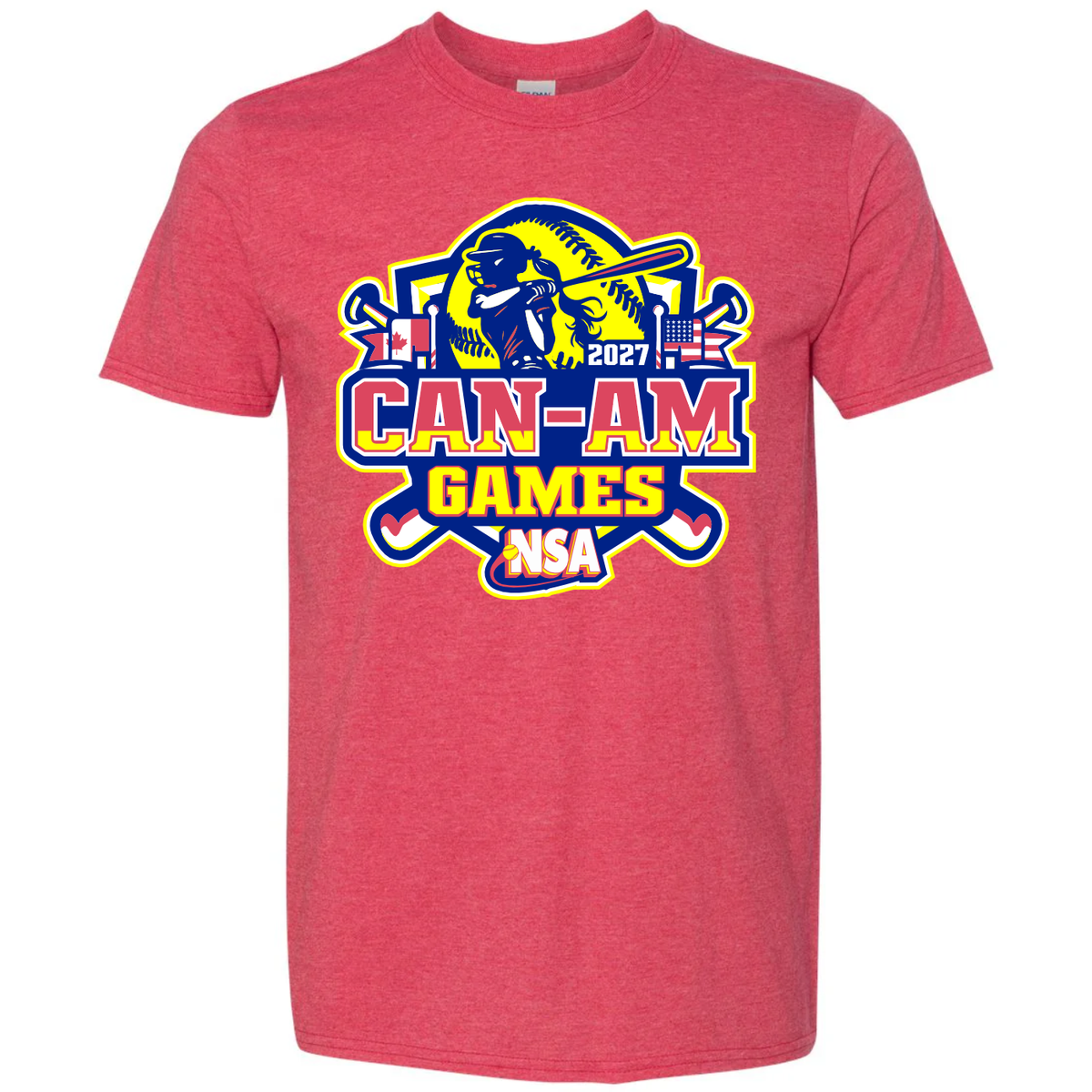 Red heather 2027 NSA Can-Am Games Fastpitch Tournament Shirt featuring a graphic with a softball player, a baseball, and the Canadian and American flags.