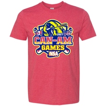 Red heather 2027 NSA Can-Am Games Fastpitch Tournament Shirt featuring a graphic with a softball player, a baseball, and the Canadian and American flags.