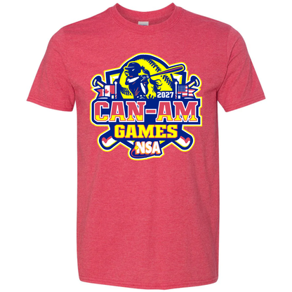 Red heather 2027 NSA Can-Am Games Fastpitch Tournament Shirt featuring a graphic with a softball player, a baseball, and the Canadian and American flags.