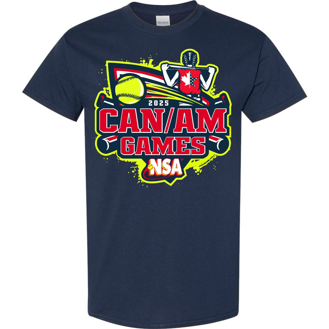 Pre-order the DSG Apparel 2025 NSA Can-Am Games Fastpitch Tournament T-Shirt, featuring a navy blue design with a vibrant softball logo, crossed bats, and an American-Canadian flag glove graphic with neon yellow and red accents.