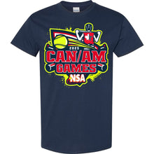 Pre-order the DSG Apparel 2025 NSA Can-Am Games Fastpitch Tournament T-Shirt, featuring a navy blue design with a vibrant softball logo, crossed bats, and an American-Canadian flag glove graphic with neon yellow and red accents.