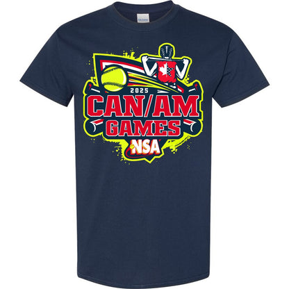 Pre-order the DSG Apparel 2025 NSA Can-Am Games Fastpitch Tournament T-Shirt, featuring a navy blue design with a vibrant softball logo, crossed bats, and an American-Canadian flag glove graphic with neon yellow and red accents.