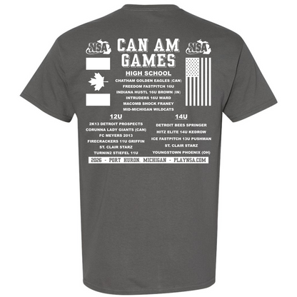 The back of the DSG Apparel 2026 NSA Can-Am Games Fastpitch Tournament Shirt features Can Am Games with USA and Canadian flags, age group team lists, Port Huron, MI event details, and the website playnsa.com.