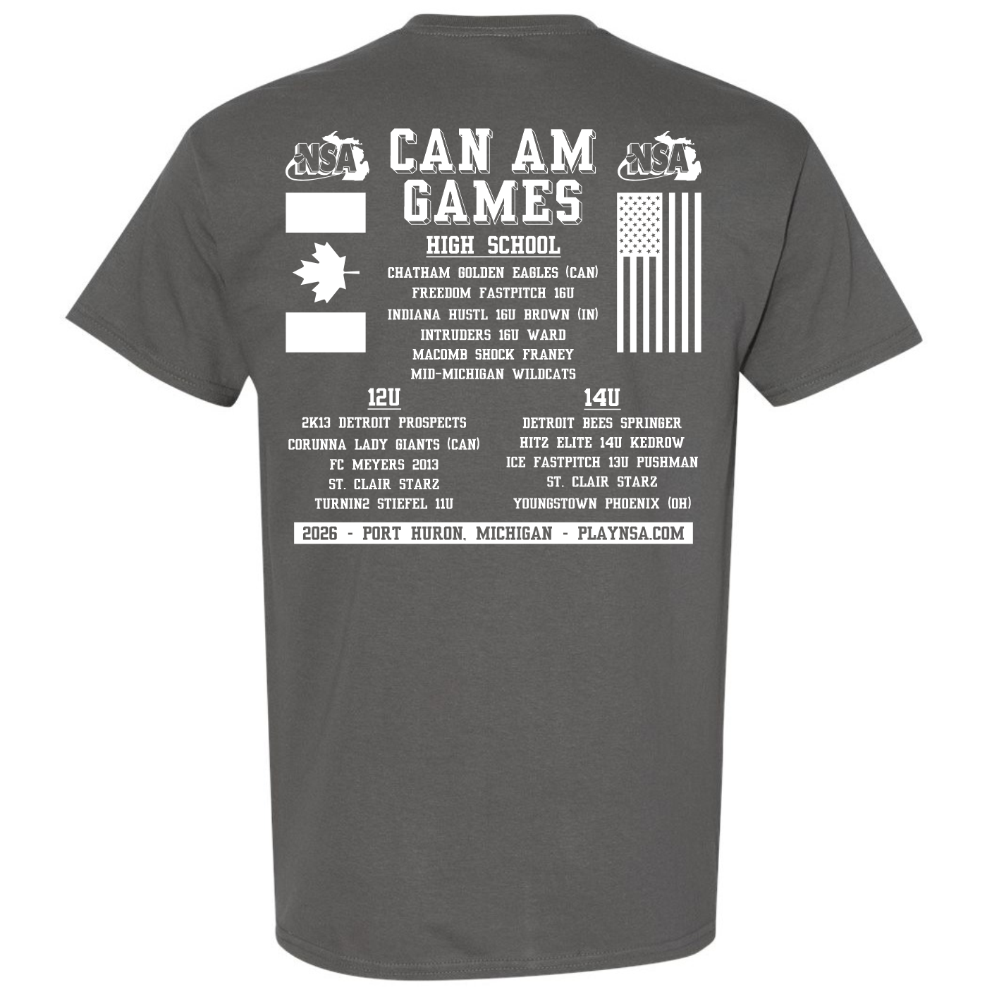 The 2026 NSA Can-Am Games Fastpitch Tournament Shirt by DSG Apparel features CAN AM GAMES in bold, USA and Canada flags, high school teams, event locations, the PLAYNSAA.com website, and marks the Port Huron, Michigan event.