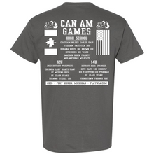 The 2026 NSA Can-Am Games Fastpitch Tournament Shirt by DSG Apparel features CAN AM GAMES in bold, USA and Canada flags, high school teams, event locations, the PLAYNSAA.com website, and marks the Port Huron, Michigan event.