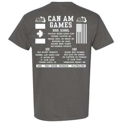 The 2026 NSA Can-Am Games Fastpitch Tournament Shirt by DSG Apparel features CAN AM GAMES in bold, USA and Canada flags, high school teams, event locations, the PLAYNSAA.com website, and marks the Port Huron, Michigan event.