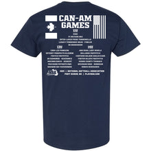 The back of the DSG Apparel 2025 NSA Can-Am Games Fastpitch Tournament T-Shirt features Canada/USA flags, event divisions (11U, 13U, 14U), teams, and Port Huron, MI with the NSA logo.