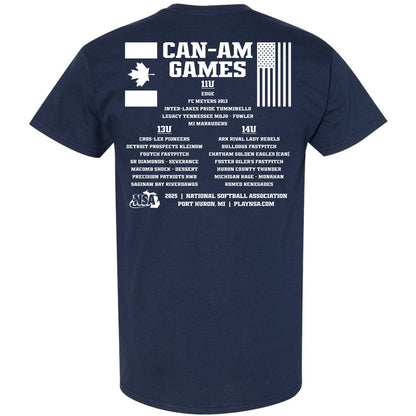 The back of the DSG Apparel 2025 NSA Can-Am Games Fastpitch Tournament T-Shirt features Canada/USA flags, event divisions (11U, 13U, 14U), teams, and Port Huron, MI with the NSA logo.
