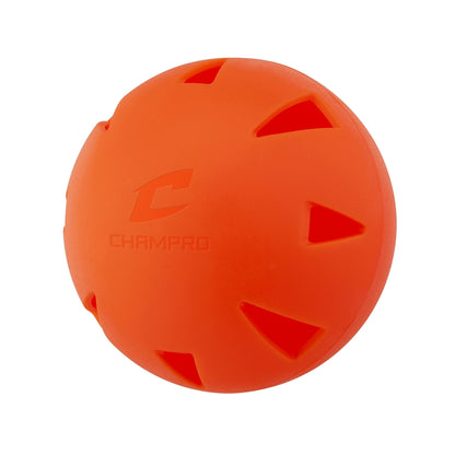 The Champro Sports Brute 9" Poly Training Ball (CBB4) is a bright orange, heavy-duty plastic ball with triangular cutout vents and "CHAMPRO" embossed on the surface for reduced flight.