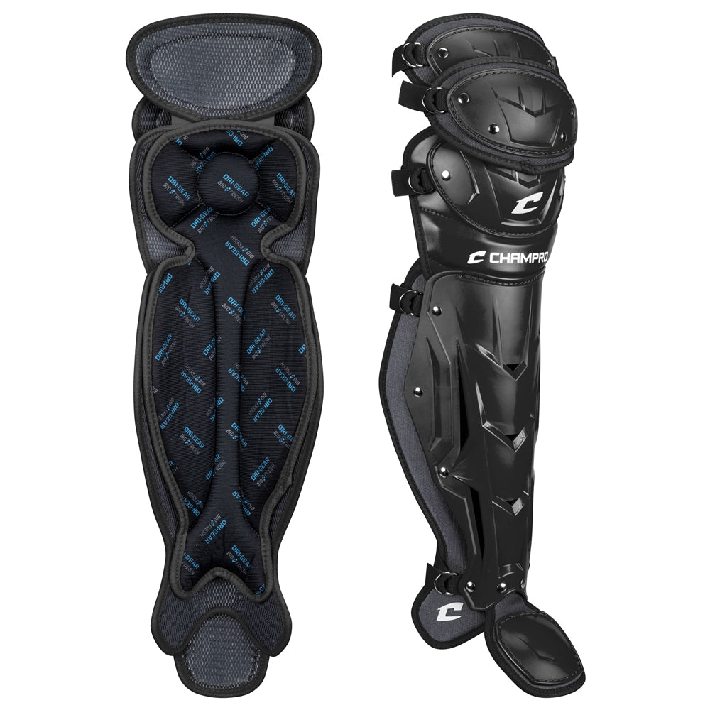 The Champro Optimus Pro Catcher's Leg Guards: CG18 by Champro Sports are shown in black, with one guard displaying its padded interior and the other highlighting the hard PE shin plate for added protection.