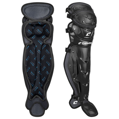The Champro Optimus Pro Catcher's Leg Guards: CG18 by Champro Sports are shown in black, with one guard displaying its padded interior and the other highlighting the hard PE shin plate for added protection.
