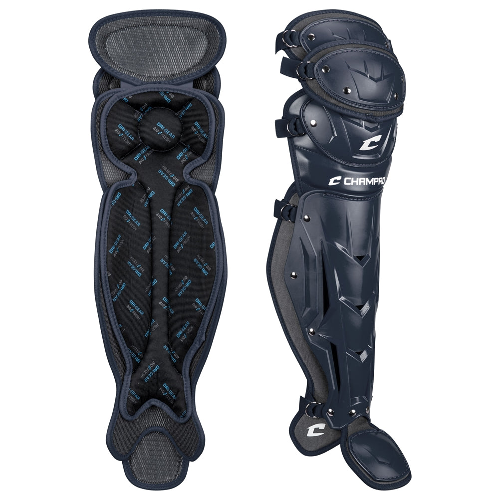 Two Champro Optimus Pro Catcher's Leg Guards (CG18) in navy blue are shown side by side: one displays the padded, moisture-wicking interior with branding, and the other highlights the durable PE shin plate with Champro Sports logo.