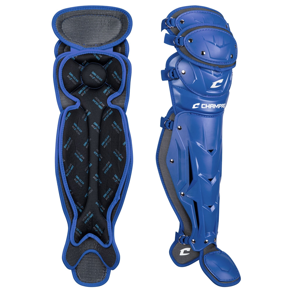 The Champro Sports Optimus Pro Catcher's Leg Guards (CG18) feature hard PE shin plates for strong protection, padded lining with blue trim, and adjustable straps for a secure fit; shown in blue from front and back.