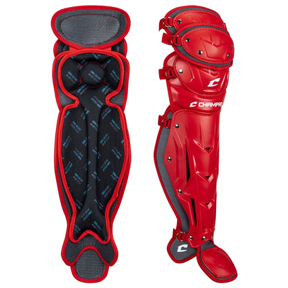 The Champro Optimus Pro Catcher's Leg Guards: CG18 by Champro Sports are shown from the front and back in red and black. They feature padded interiors, a PE shin plate, moisture-wicking fabric, and CHAMPRO branding with a white logo.