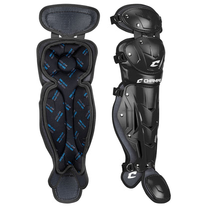 Two black Champro Optimus Pro Catcher's Leg Guards (CG18) by Champro Sports shown: one reveals the cushioned, moisture-wicking interior with blue text; the other displays the hard shell, knee protection, adjustable straps, and both feature the Champro logo.