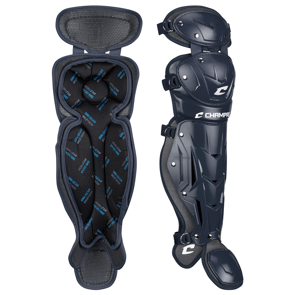 A pair of Champro Optimus Pro Catcher's Leg Guards (CG18) by Champro Sports in navy blue with black padding and PE shin plate, shown front and back with straps and Champro branding.