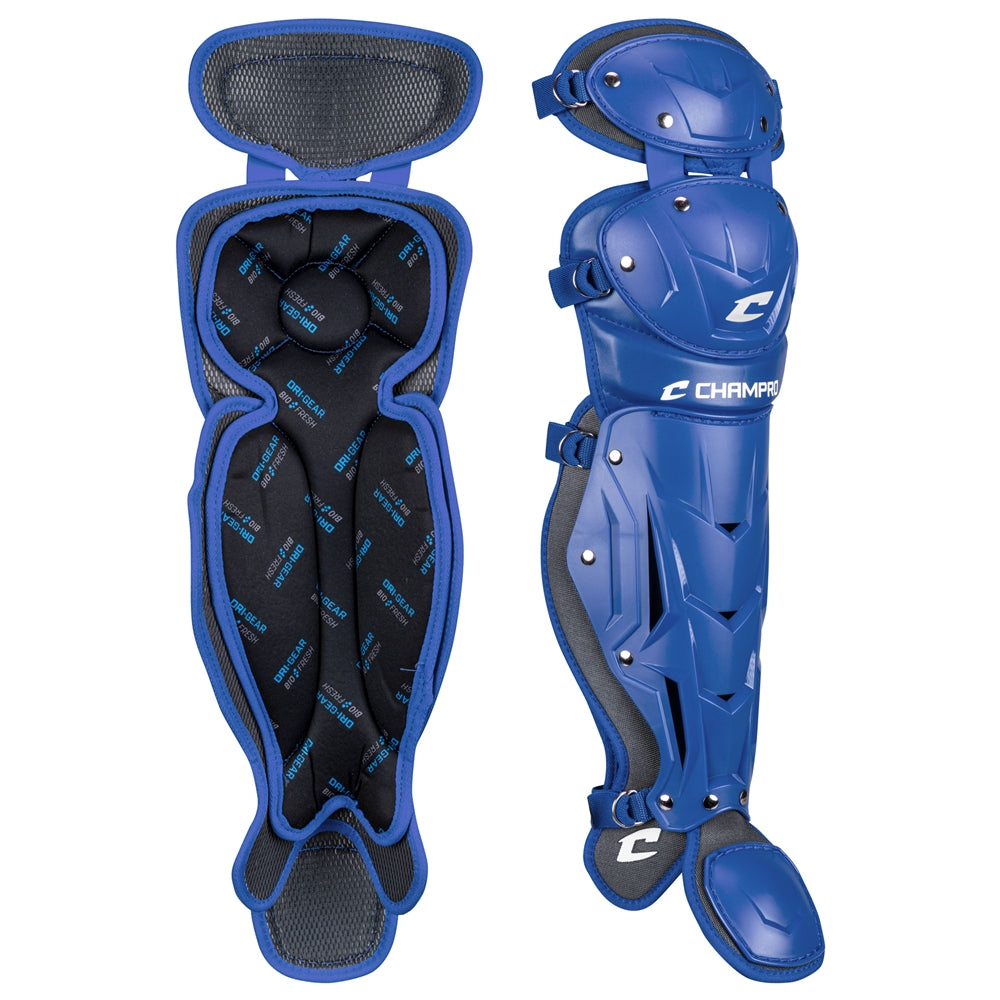 Two Champro Optimus Pro Catcher's Leg Guards (CG18) by Champro Sports—one displays the soft, moisture-wicking interior; the other shows the tough PE shin plate, straps, and logo—ideal for baseball or softball players.