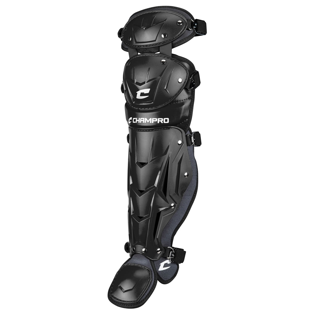The Champro Optimus Pro Catcher's Leg Guards: CG18 by Champro Sports feature a PE shin plate, padded protection, segmented contoured design, multiple adjustable straps, and antimicrobial tech for athletes.