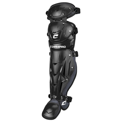 The Champro Optimus Pro Catcher's Leg Guards: CG18 by Champro Sports feature a PE shin plate, padded protection, segmented contoured design, multiple adjustable straps, and antimicrobial tech for athletes.